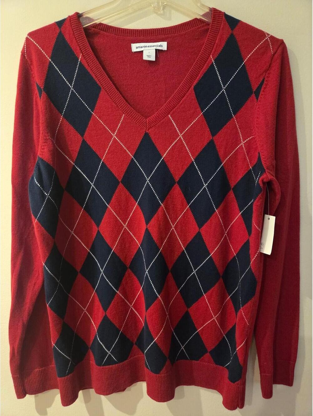 Amazon Essentials Men's Argyle Red, White, Blue Sweater NWT